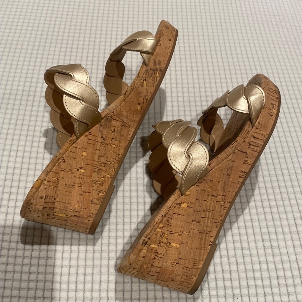 Gold Braided Cork Wedge Sandals